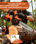 Beast Of A 12 Inch Brushless Cordless Chainsaw cutting log, showing 40 ft/s chain speed, auto oiling feature in forest scene.