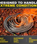 Coiled metal garden hose extension, ribbed stainless-steel, 10 ft length on red mulch.