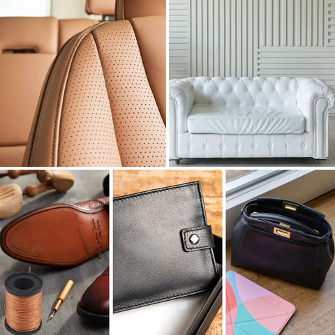 Heavy Duty Nylon Upholstery Sewing Kit With 3 Color Nylon Threads 73.5 Yards Each 7 Curved Needles Gourd Style Threader For Leather Carpet Furniture And Shoes Ideal For DIY Home Shop And Auto Upholstery Repairs image showing various upholstery and leather repair tools and examples.