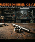 Heavy Duty M20x1.5 Metric Tap And Die Set For Precise Threading Jobs Made From Hardcore Heat Treated Alloy Steel To Fix Machine Parts Like A Pro. M20x1.5 tap and die on workbench