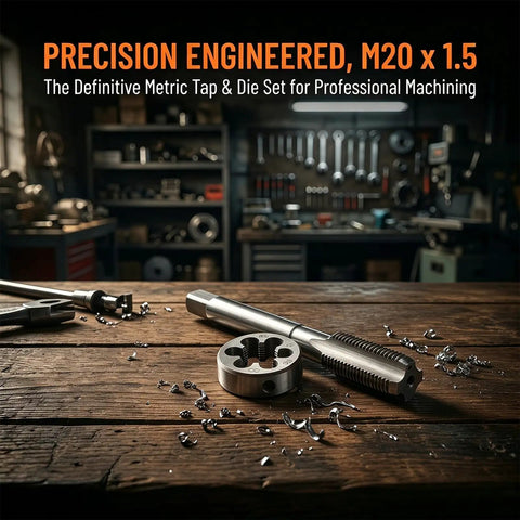 Heavy Duty M20x1.5 Metric Tap And Die Set For Precise Threading Jobs Made From Hardcore Heat Treated Alloy Steel To Fix Machine Parts Like A Pro. M20x1.5 tap and die on workbench