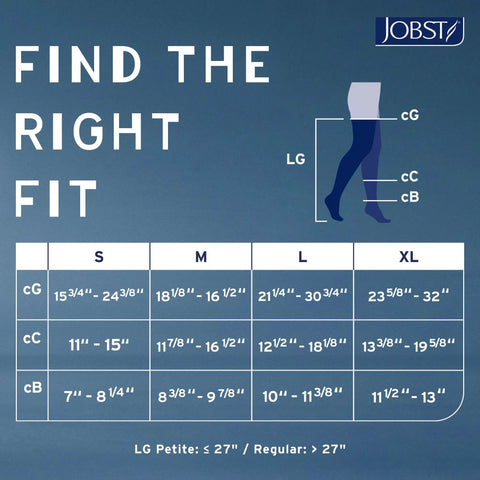 Sizing chart for Relief Thigh High Graduated Compression Stockings For Daily Wear, showing size measurements for S, M, L, XL.