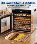 Straight Up Heavy Duty Large Food Dehydrator With Ten Rock Solid Stainless Steel Trays showing fruits and nuts on trays.
