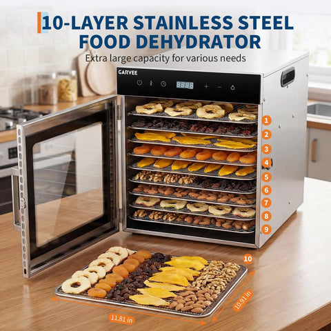 Straight Up Heavy Duty Large Food Dehydrator With Ten Rock Solid Stainless Steel Trays showing fruits and nuts on trays.