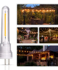 Outdoor S14 LED String Light Bulbs 1.5W Replacement Pack, Shatterproof And Waterproof IP65 shown in garden and patio settings.