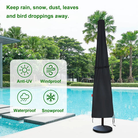 Universal 9 To 12 Foot Market Umbrella Cover Waterproof 600D Heavy Duty No Hassle Zipper near poolside with protection icons
