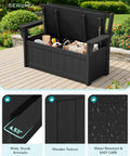 Black HDPE Outdoor Storage Bench With 57 Gallon Dual Use Seat And Organizer on patio, showing open lid and contents.