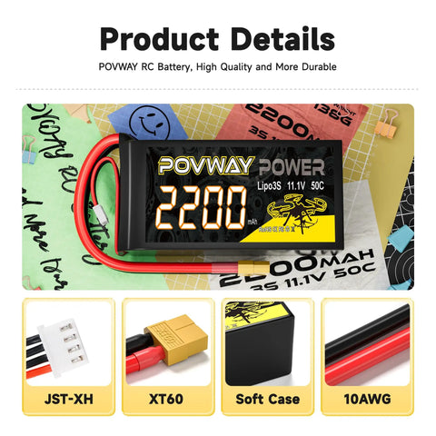 3S 2200mAh 11.1V Lipo Battery Pack With 50C Discharge And XT60 Plug, Shorty Form Factor, Soft Case details