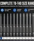 Magnetic Torx Security Bit Set, 11 Piece S2 Steel Drivers T6 To T40, 3 Inch Long Sandblasted Finish shown side by side.