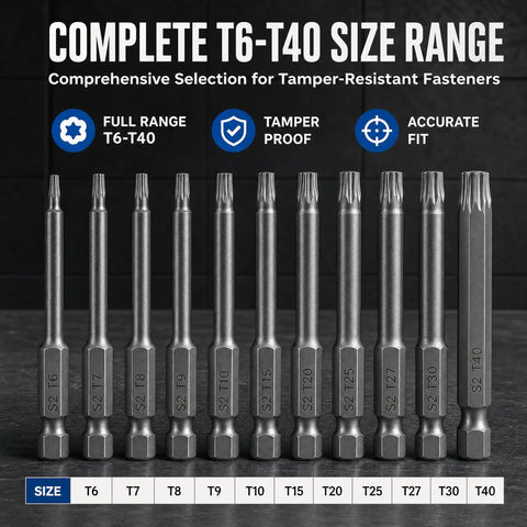 Magnetic Torx Security Bit Set, 11 Piece S2 Steel Drivers T6 To T40, 3 Inch Long Sandblasted Finish shown side by side.