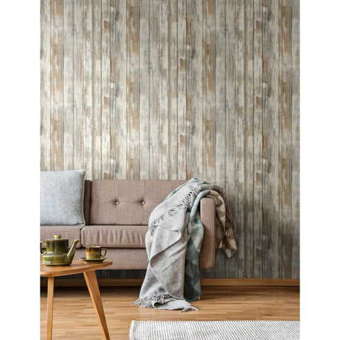 White Distressed Wood Peel And Stick Wallpaper Easy No Mess No Paste Install For Quick DIY Ready Room Makeover Durable Finish shown behind sofa