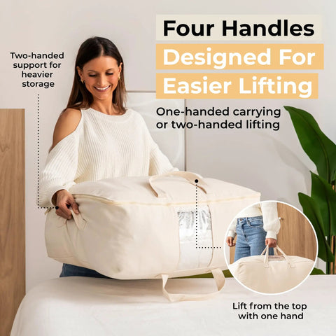 Top Notch Canvas Storage Bags With Heavy Duty Zipper. Thick Breathable Comforter And Quilt Organizer For King Queen Beds. Four Solid Handles And Viewing Window. Hella Roomy Linen Sack For Sheets, Blankets, Dorm Essentials, And Closet Cleanup.