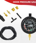 Front view of fuel pump pressure and vacuum gauge kit for carburetor testing with hose and brass adapters.