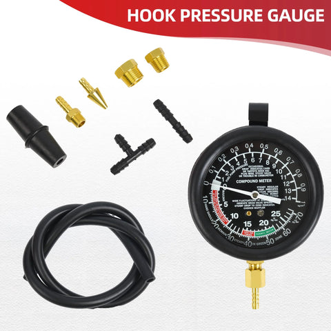 Front view of fuel pump pressure and vacuum gauge kit for carburetor testing with hose and brass adapters.