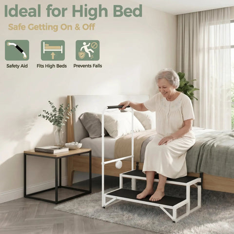 Senior Friendly Bed Step Stool For Adults And Elderly No Fuss Non Slip Stable Height Helper next to bed with woman using handrail