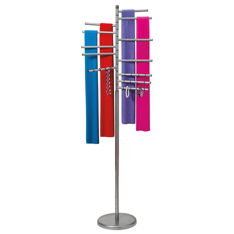 Floor Standing Accessory Organizer Rack for Scarves, Belts, and Jewelry with Pivoting 9 Inch Bars, Platinum Finish, 16 Rings