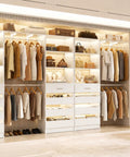 No Sweat Custom Wood Closet System Packed With Twelve Roomy Storage Drawers And Fully Expanding Hanging Rods For Straight Up Organized Home Wardrobe Space in a modern bedroom.