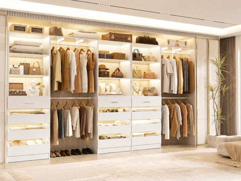No Sweat Custom Wood Closet System Packed With Twelve Roomy Storage Drawers And Fully Expanding Hanging Rods For Straight Up Organized Home Wardrobe Space in a modern bedroom.