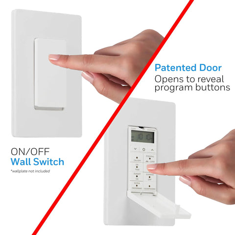Daysmart 7 Day Digital In-Wall Timer With Sunrise Sunset, Presets And Countdown, showing on/off switch and program buttons.