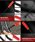 Close-up of a 9 Piece Hose Clamp Pliers Set For Fuel Line Disconnect And Hose Removal Tool Kit Including Relay Puller Straight Clamp Pliers 30 Degree Angled Disconnect Pliers Panel Clip Pliers Trim Tool And Carry Case, featuring a red plastic handle pry bar with a black trim clip remover.