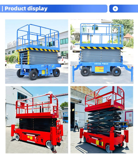 Heavy Duty Tracked Scissor Lift Featuring Hydraulic Work Platform For Rough Terrain Sites in blue and red models.