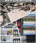 Collage showing applications of Electric Wire Crimping Tool Kit With Battery Power, Terminal Crimper, in automotive and electrical panels.