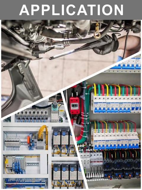 Collage showing applications of Electric Wire Crimping Tool Kit With Battery Power, Terminal Crimper, in automotive and electrical panels.