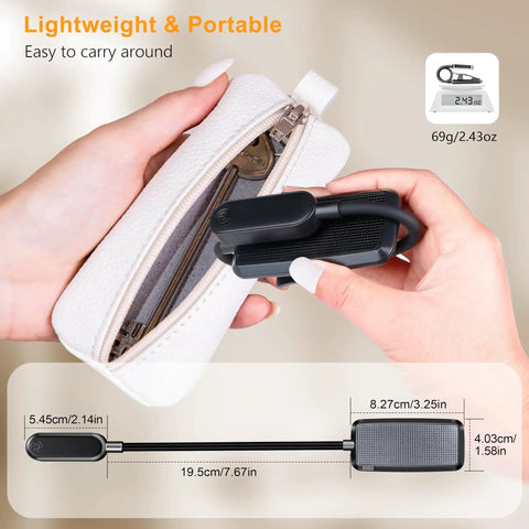Person holding a compact rechargeable clip on reading light with 16 LED, 3 color temperatures, and stepless dimming for eye care