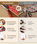 Game Changing Gift Wrap Cutter With Built In Tape Dispenser Slick Gliding Blade shown in integrated design vs traditional scissors.