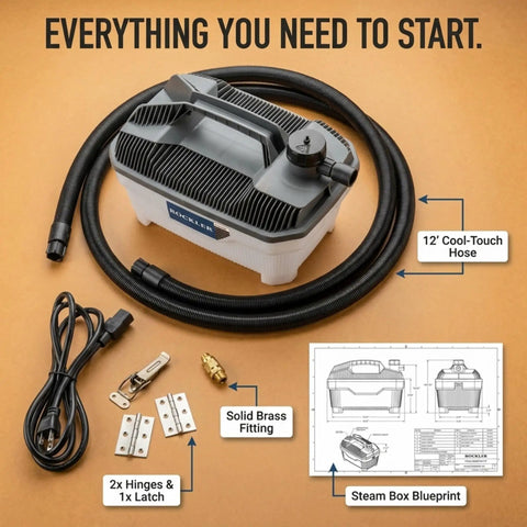 Efficient Wood Bending Kit With Steam Box Plan Hinges And Latch 1.3-Gallon Generator components and blueprint shown.