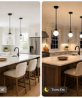 Karjearl Glass Pendant Lights Kitchen Island, 2 Pack Black Hanging Lighting in illuminated and off states in a modern kitchen.