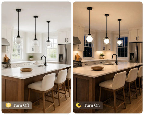 Karjearl Glass Pendant Lights Kitchen Island, 2 Pack Black Hanging Lighting in illuminated and off states in a modern kitchen.