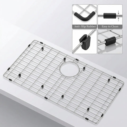 Premium Stainless Steel Sink Grid Protector For Single Kitchen Sink 28 3/8 By 15 3/8 Inches With Rear Drain Hole Heavy Duty Bottom Grid