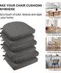 Six Pack Dining Chair Cushions With Ties And Non Slip Backing, 16x16x2 Inches, Dark Gray, shown in home settings