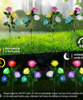 4 Pack Solar Rose Garden Lights with 7 Color Changing LEDs Waterproof Outdoor Lights displayed day and night in a yard.