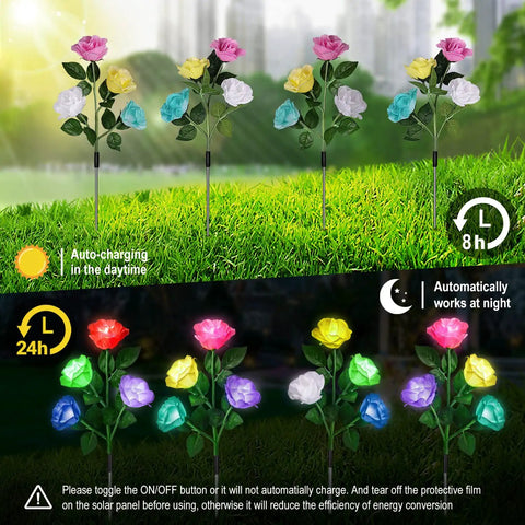 4 Pack Solar Rose Garden Lights with 7 Color Changing LEDs Waterproof Outdoor Lights displayed day and night in a yard.