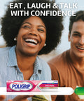 Original Denture Adhesive Cream With Strong All Day Hold No Slip Grip Food Seal And Comfort Zinc Free Mint Flavor Two Point Four Ounce Tubes Four Pack Great For Daily Wear And Reliable Smile Security All Day Long shown with smiling people.