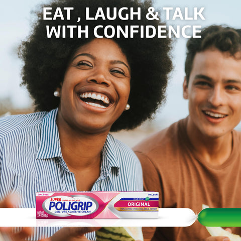 Original Denture Adhesive Cream With Strong All Day Hold No Slip Grip Food Seal And Comfort Zinc Free Mint Flavor Two Point Four Ounce Tubes Four Pack Great For Daily Wear And Reliable Smile Security All Day Long shown with smiling people.