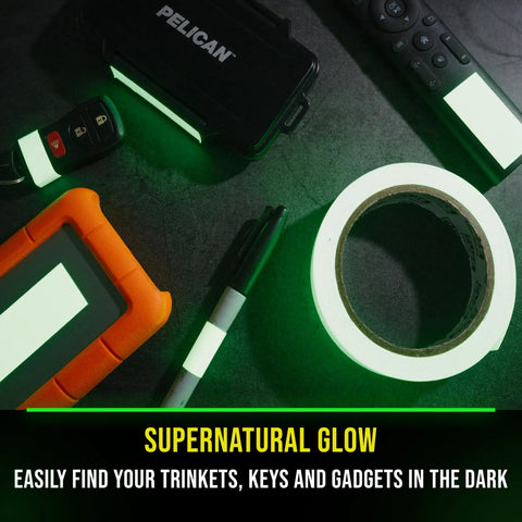 Glow In The Dark Tape That Lights Up Your Night All Night Long 15 Ft Long Rechargeable Reflective Glow Tape glowing on gadgets