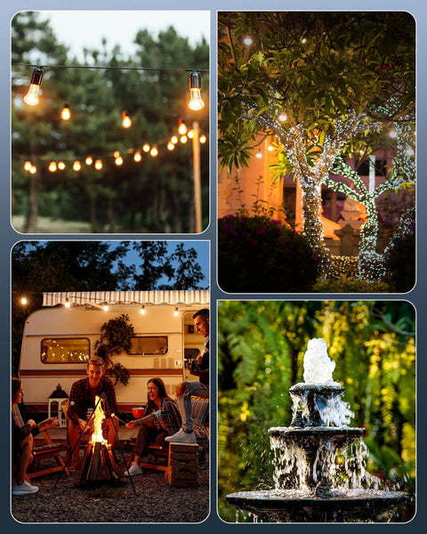 Heavy Duty Two Pack Outdoor Light Timer Featuring Smart Dusk To Dawn Photocell Sensor UL Listed All Season Weather Ready Quick Wire No Sweat Setup For Patios hanging over a campsite with friends enjoying a fire.