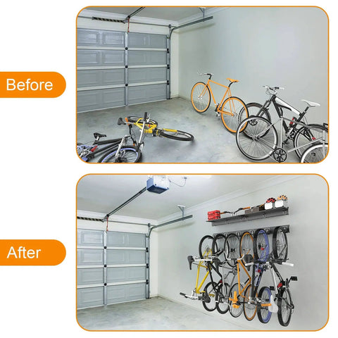 Wall Mounted Bike Storage Rack With Shelf, 6 Bike Hangers For Garage, Space Saving Wall Mount Holds Up To 600 Lbs, Includes Two Storage Shelves For Helmets And Gear