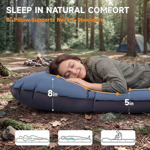 Ultralight Camping Sleeping Pad With Built In Pillow And Foot Pump 5 Inch Thick Inflatable Mat for outdoor comfort