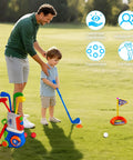 Chill And Swing With This 23 Piece Kids Golf Club Set Featuring Durable Abs Plastic Clubs And Safe Small Balls Smooth Rounded Edges For Easy Indoor Outdoor Play Knockout Birthday Gift For Boys And Girls - Child practicing golf with parent in park.