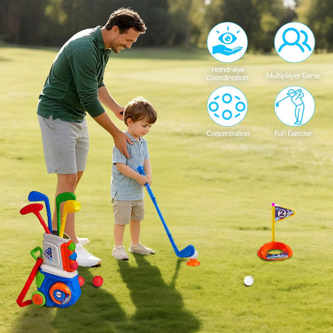 Chill And Swing With This 23 Piece Kids Golf Club Set Featuring Durable Abs Plastic Clubs And Safe Small Balls Smooth Rounded Edges For Easy Indoor Outdoor Play Knockout Birthday Gift For Boys And Girls - Child practicing golf with parent in park.