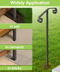 Heavy Duty Black Wrought Iron Single Step Handrail Rust Resistant In Ground Stair Railing For Porches And Decks, installed in soil, cement, and bricks.