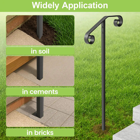 Heavy Duty Black Wrought Iron Single Step Handrail Rust Resistant In Ground Stair Railing For Porches And Decks, installed in soil, cement, and bricks.
