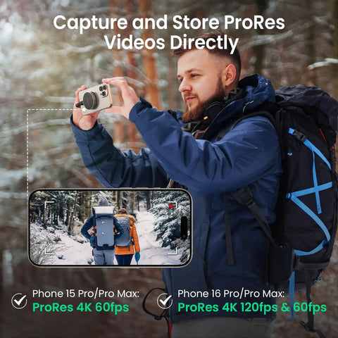 Man in forest using 1TB Magnetic Portable SSD With USB C 3.2 Gen 2x2 Up To 2000 MB Per Second For Laptops iPhone 15 And 16 Tablets