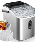 EUHOMY stainless steel countertop ice maker with black lid and carry handle; transparent top and ice basket visible.