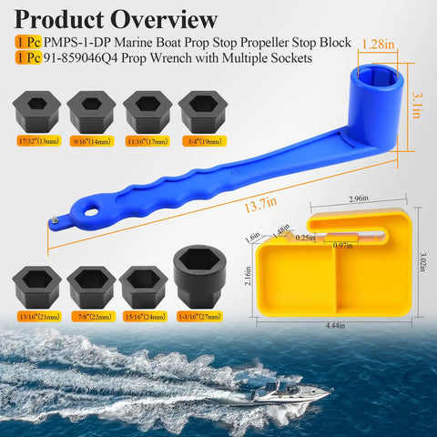 Prop Stop Block And Lightweight Propeller Wrench With Multiple Sockets For Marine Props And All Outboard Stern Drive Applications Includes Nine Common Nut Sizes From About Half Inch To One And Quarter Inch Easy Grip Blue