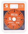 Front view of WildBossy 4-1/2 in diamond cutting wheel with 7/8 in arbor in orange blister pack